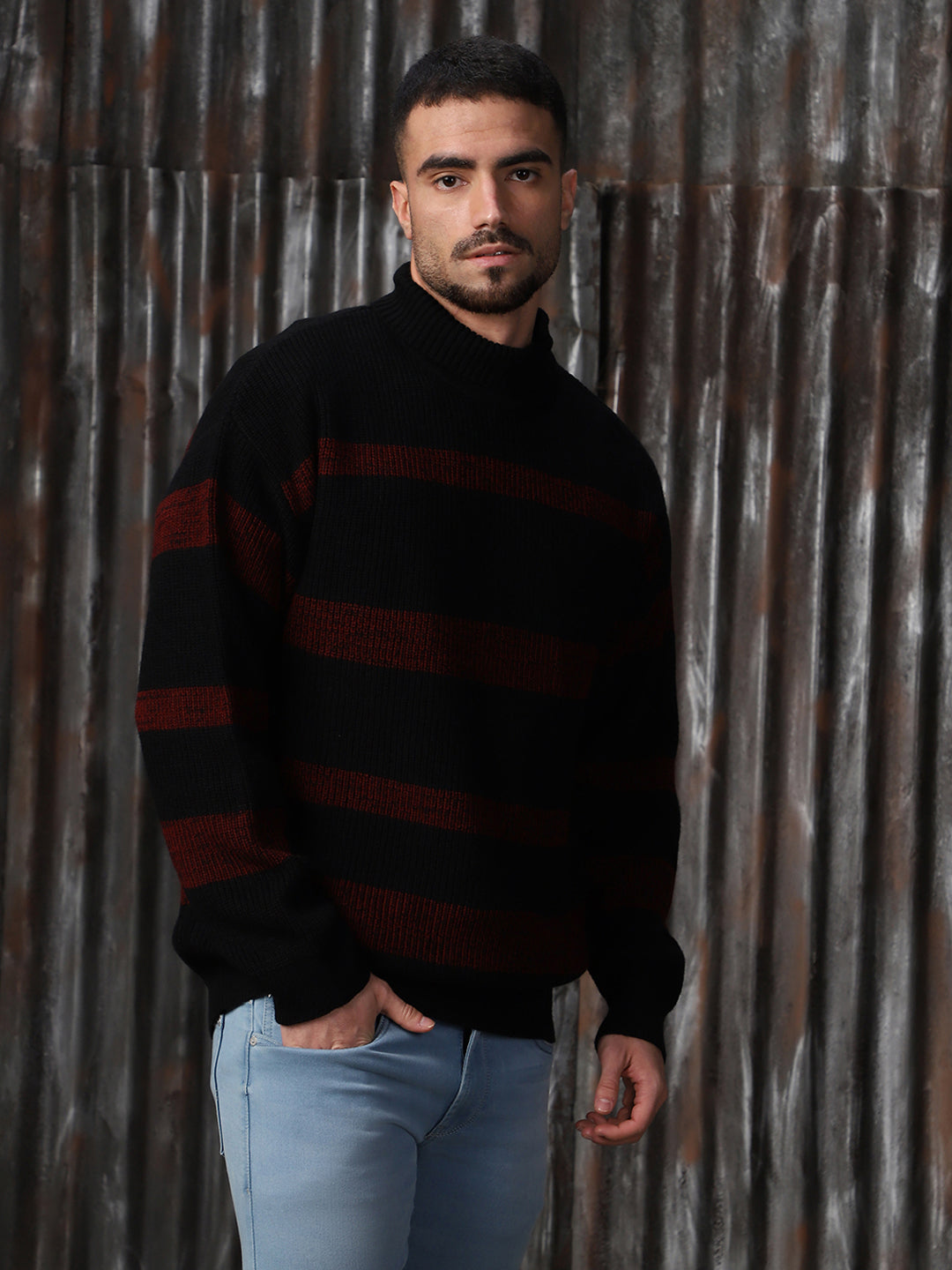 High Star Men Striped High neck stractured Relaxed fit Pullover