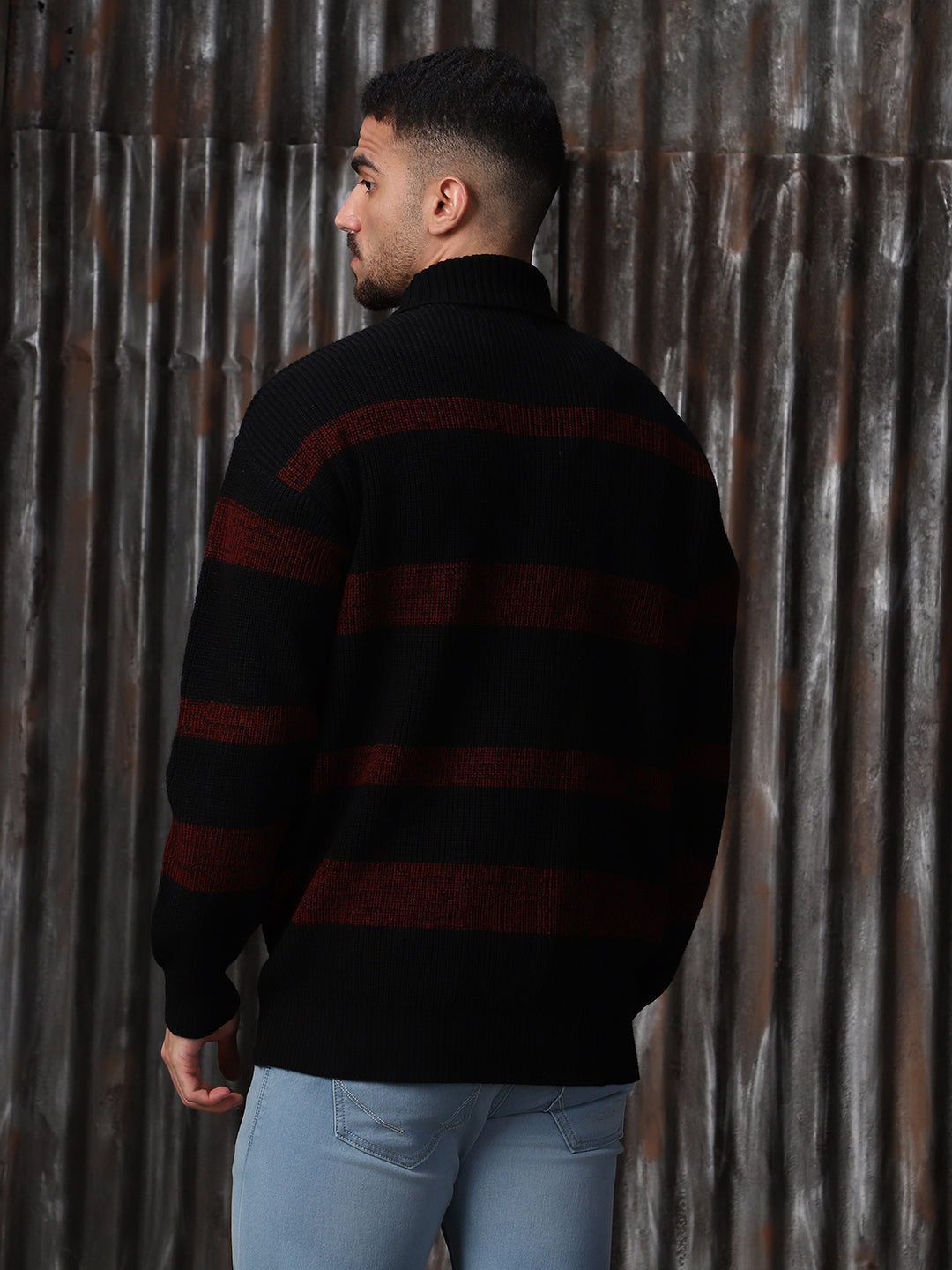 High Star Men Striped High neck stractured Relaxed fit Pullover