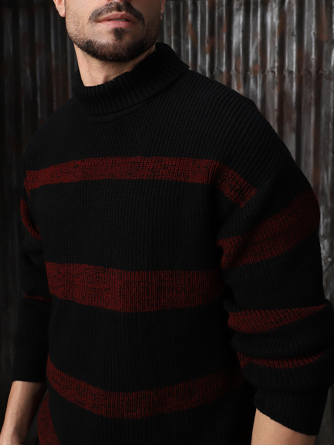 High Star Men Striped High neck stractured Relaxed fit Pullover