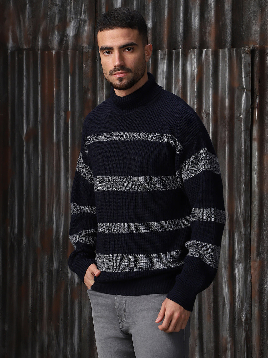 High Star Men Striped High neck stractured Relaxed fit Pullover