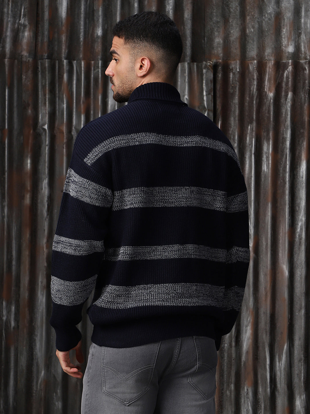 High Star Men Striped High neck stractured Relaxed fit Pullover