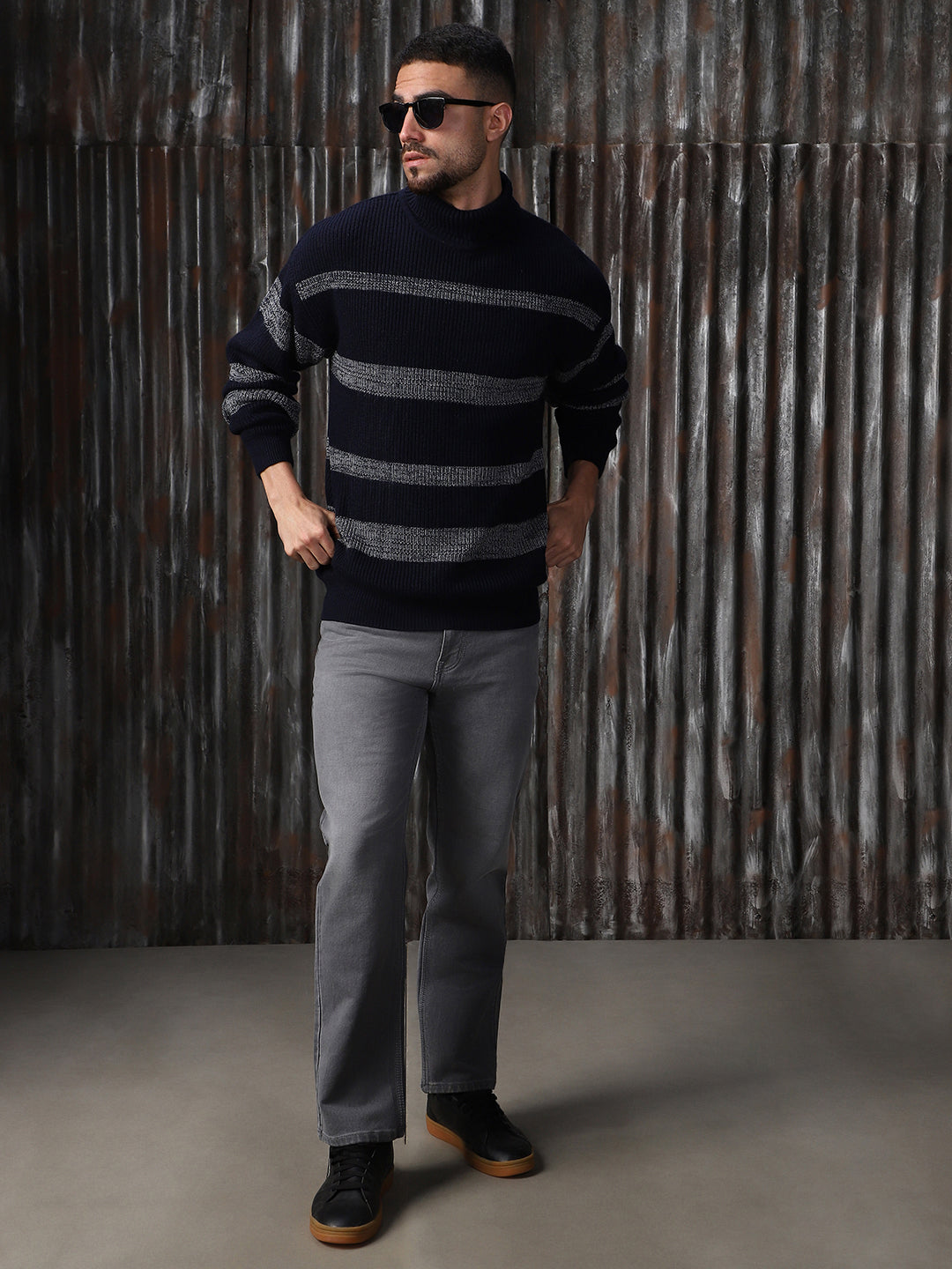 High Star Men Striped High neck stractured Relaxed fit Pullover