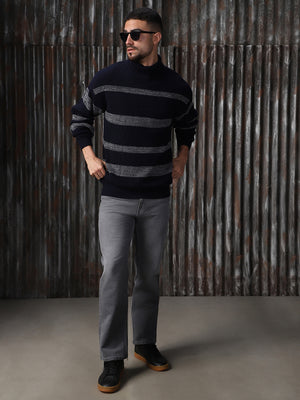 High Star Men Striped High neck stractured Relaxed fit Pullover