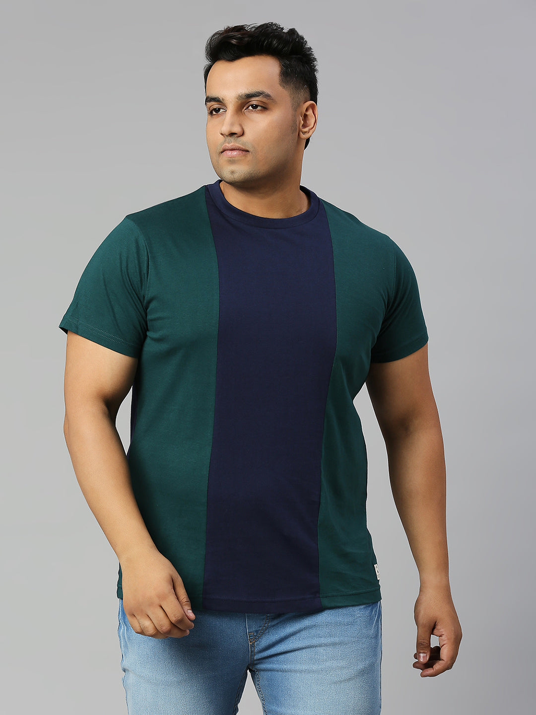 Plus Size Blue  Green Colourblocked Round Neck Pure Cotton T-shirt