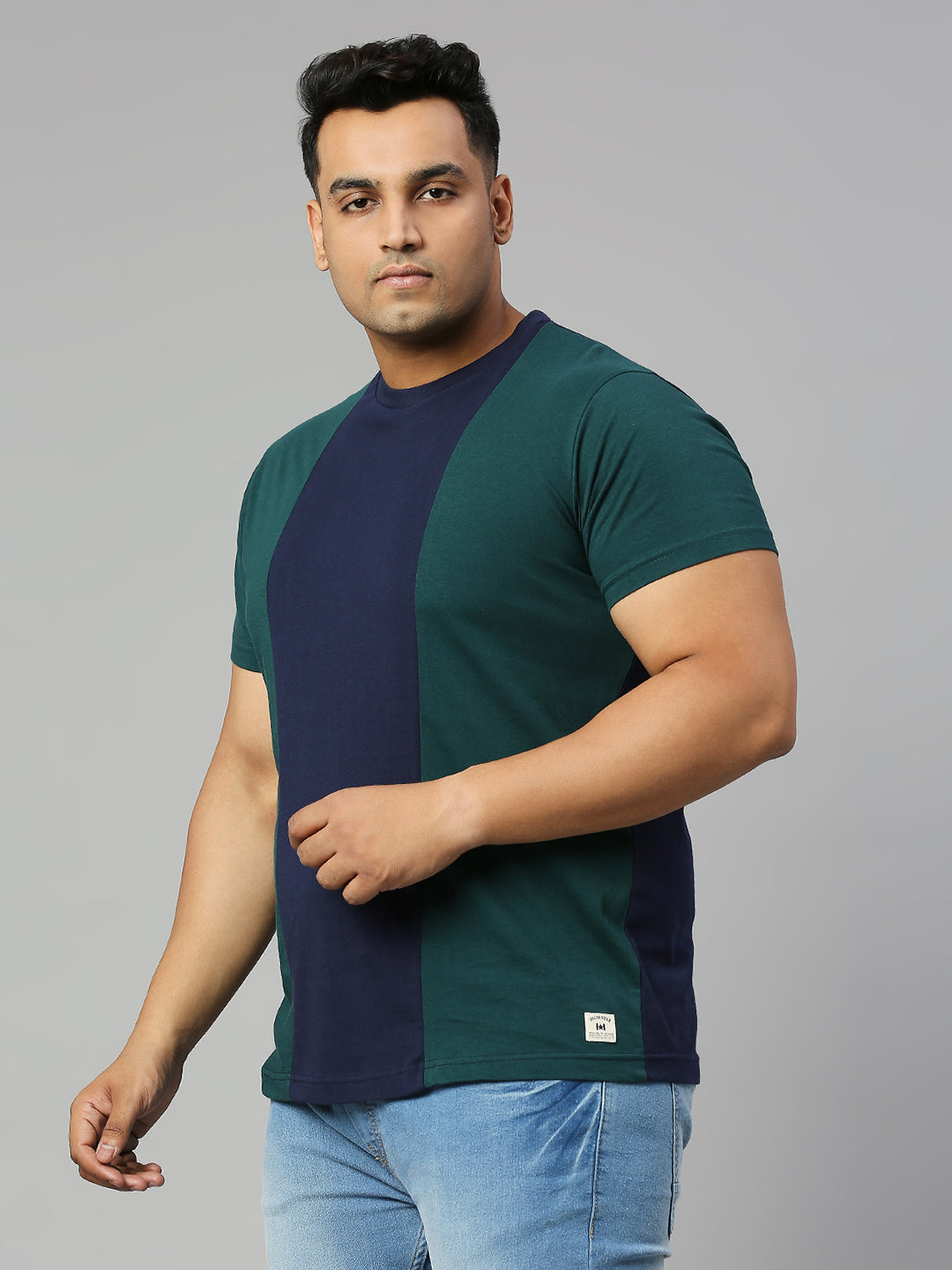 Plus Size Blue  Green Colourblocked Round Neck Pure Cotton T-shirt