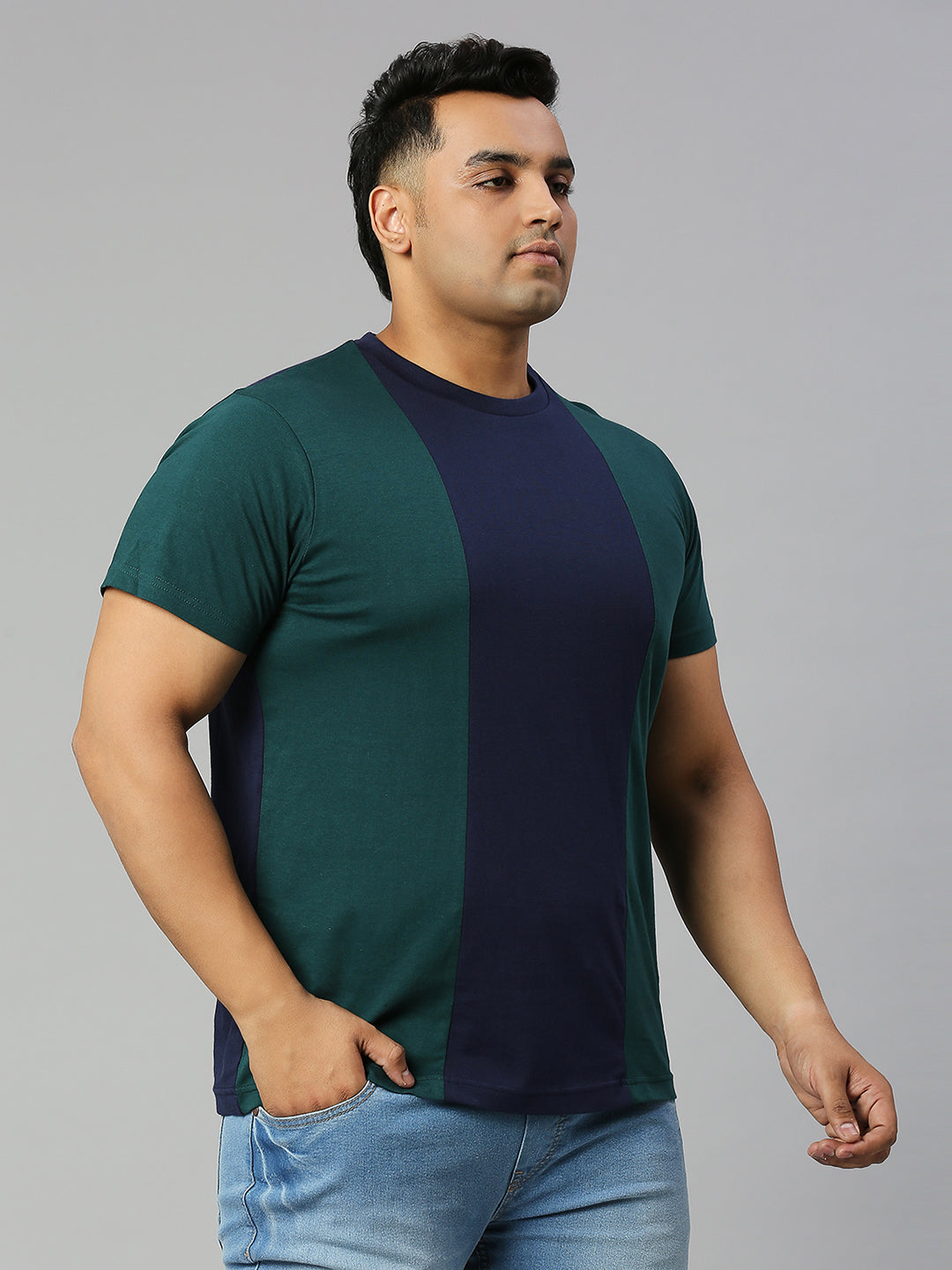 Plus Size Blue  Green Colourblocked Round Neck Pure Cotton T-shirt