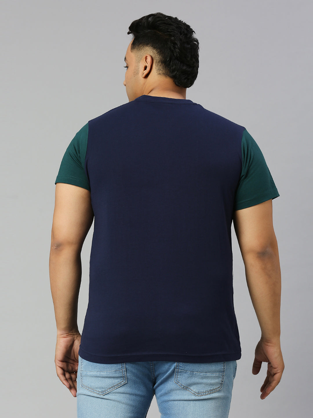 Plus Size Blue  Green Colourblocked Round Neck Pure Cotton T-shirt