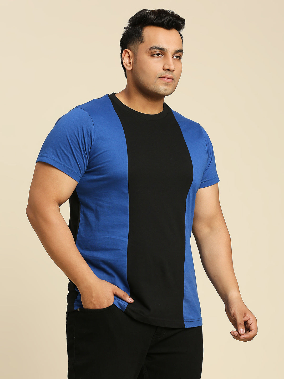 Plus Size Colourblocked Round Neck Pure Cotton T-shirt