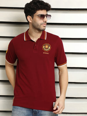 Pure Cotton Applique Polo Collar Short Sleeves Regular T-shirt