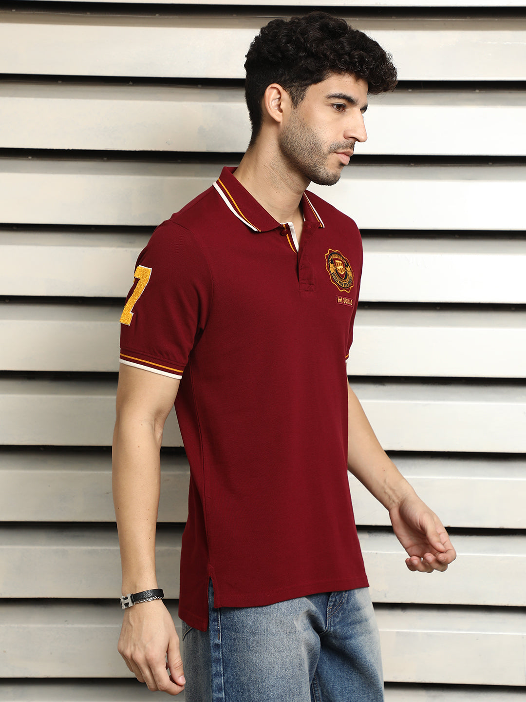 Pure Cotton Applique Polo Collar Short Sleeves Regular T-shirt