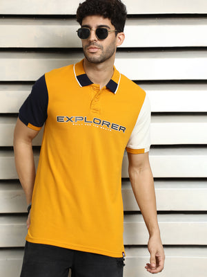 Men Polo Collar Typographic Colorblocked Cotton T-shirt