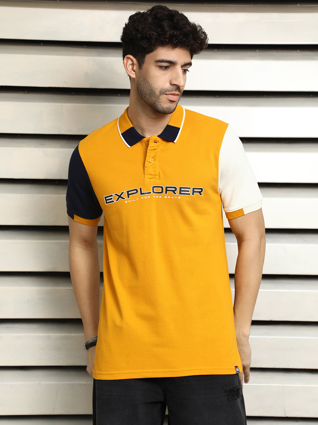 Men Polo Collar Typographic Colorblocked Cotton T-shirt