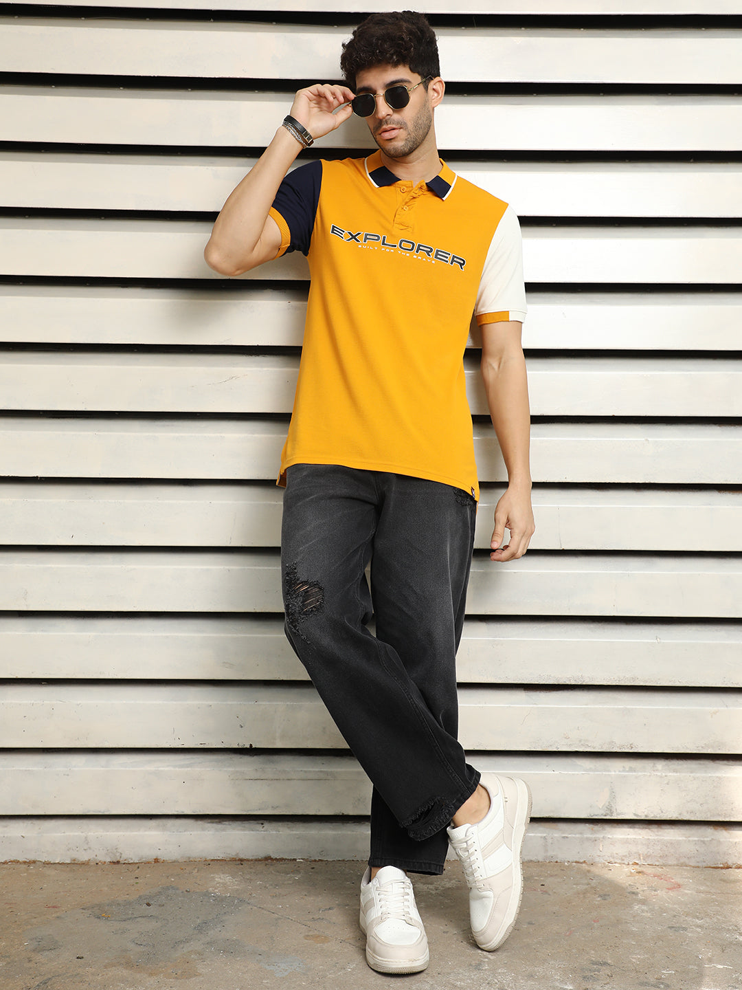 Men Polo Collar Typographic Colorblocked Cotton T-shirt