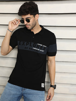 Men Colorblocked Polo Typo Print T-shirt