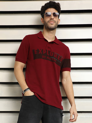 Men Polo Collar Typographic color blocked cotton T-shirt