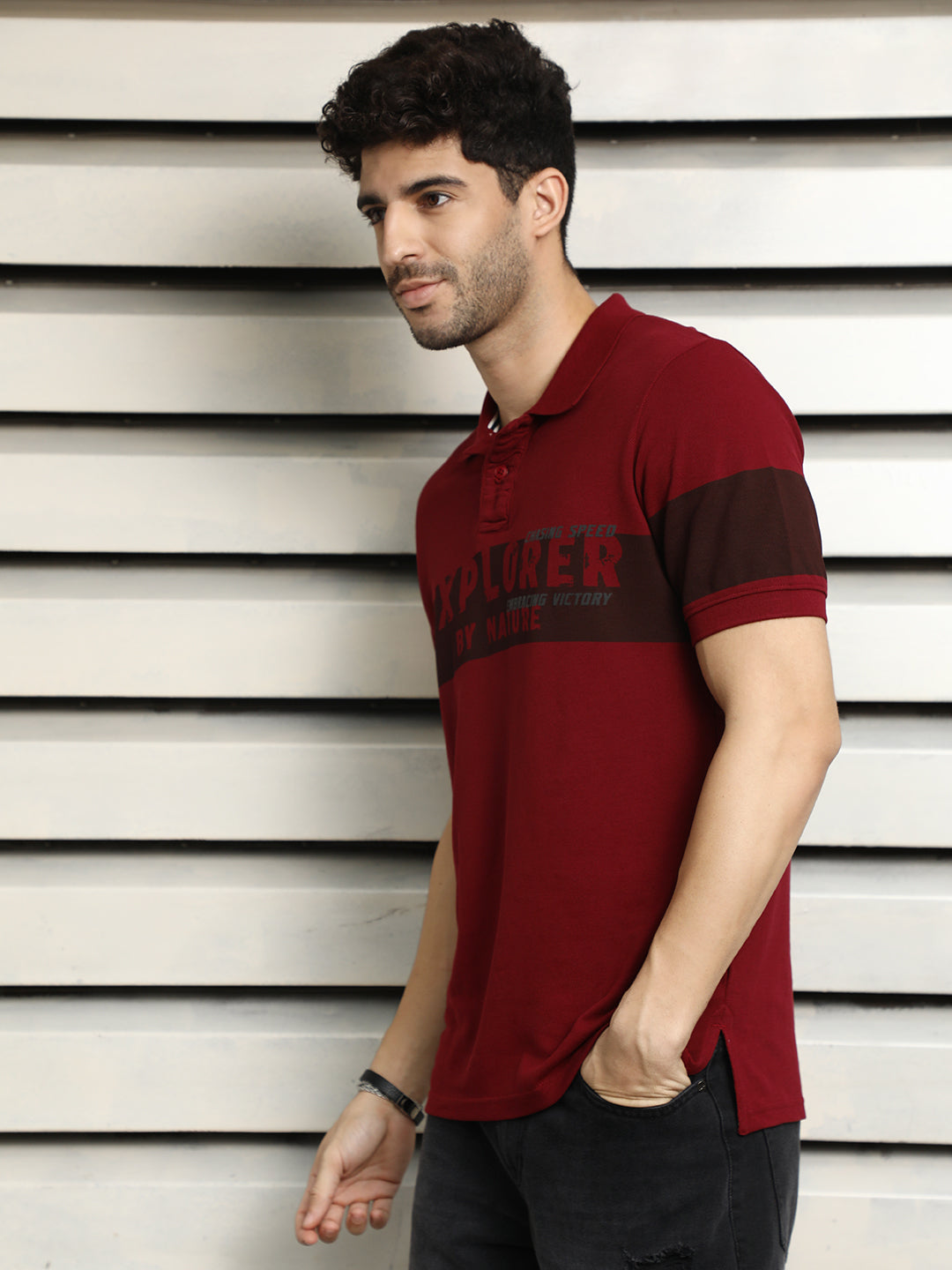 Men Polo Collar Typographic color blocked cotton T-shirt