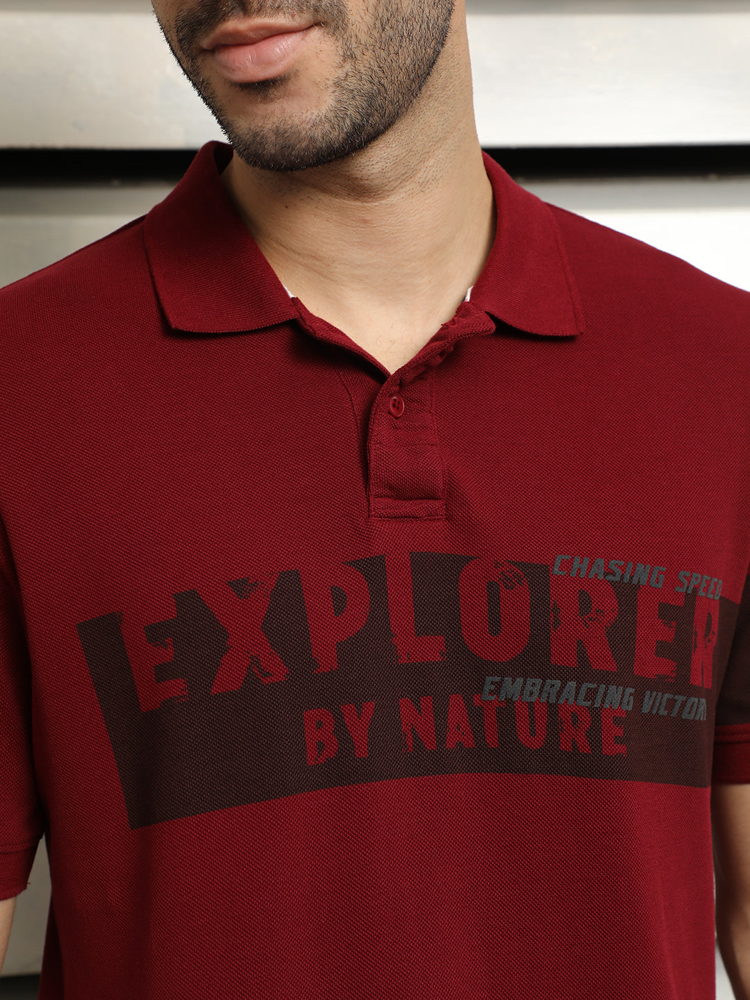 Men Polo Collar Typographic color blocked cotton T-shirt