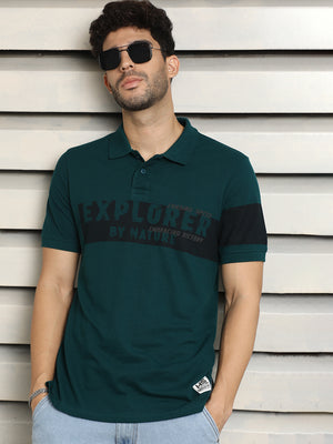 Men Polo Collar Typographic color blocked cotton T-shirt