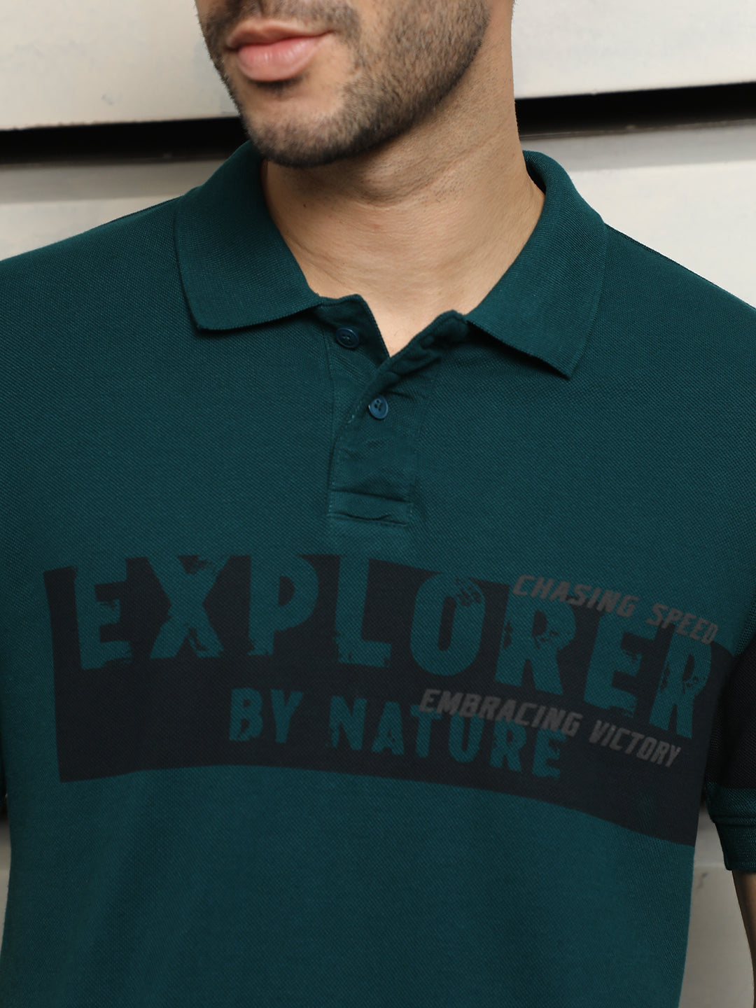 Men Polo Collar Typographic color blocked cotton T-shirt