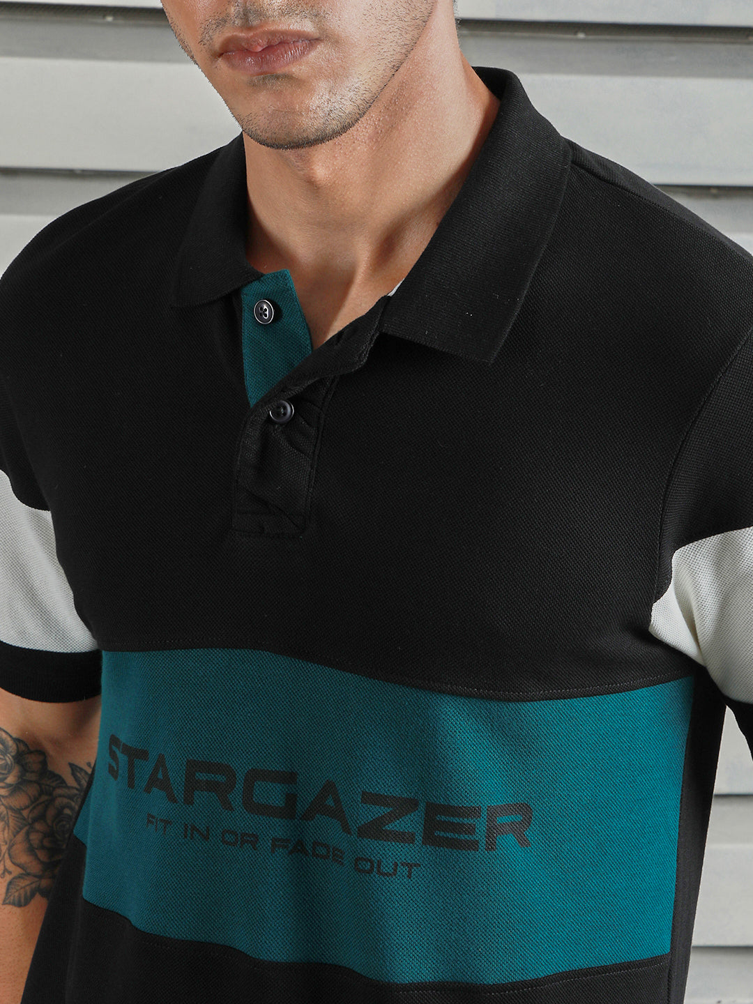 Men Polo Collar Typographic Colorblocked Cotton T-shirt