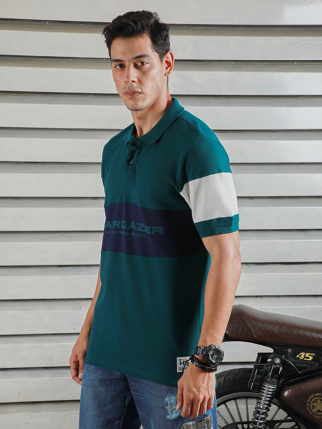 Men Polo Collar Typographic color blocked cotton T-shirt