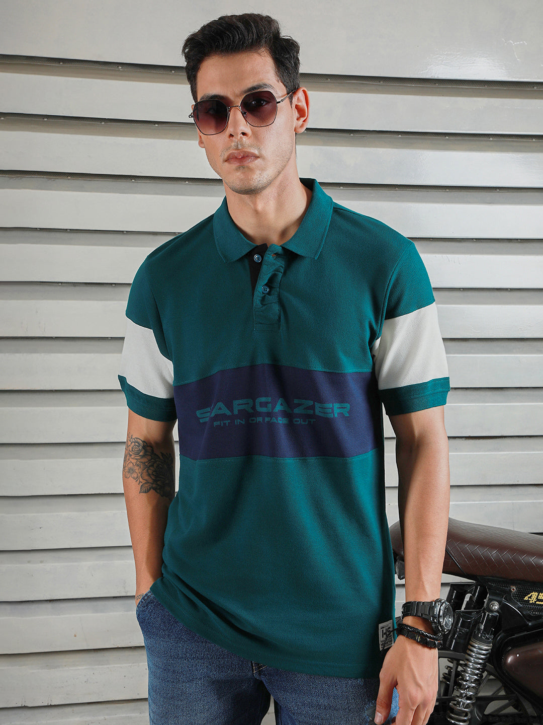 Men Polo Collar Typographic color blocked cotton T-shirt