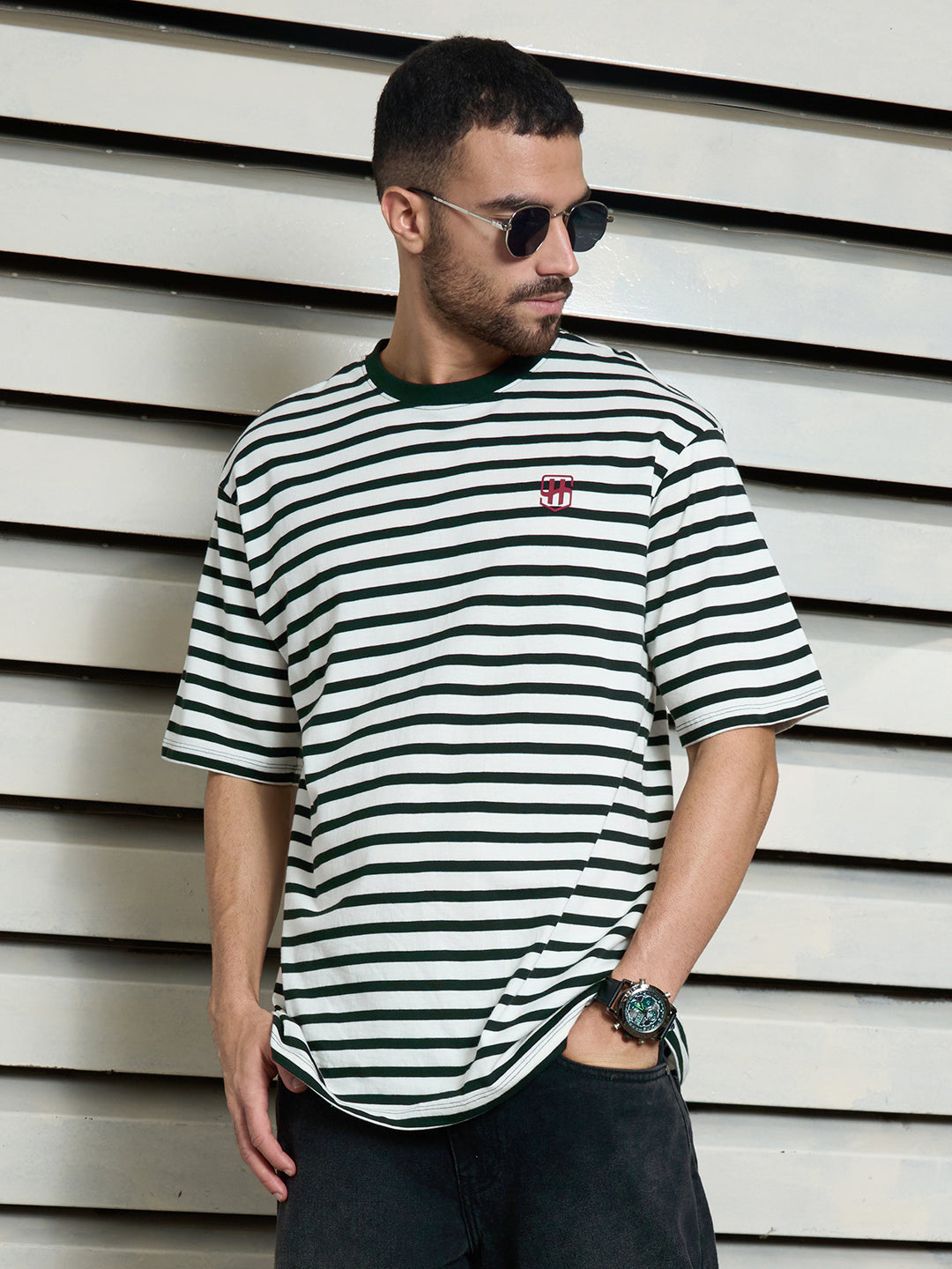 Men Cotton Short Sleeves Round Neck Striped Relaxed Fit Tshirt