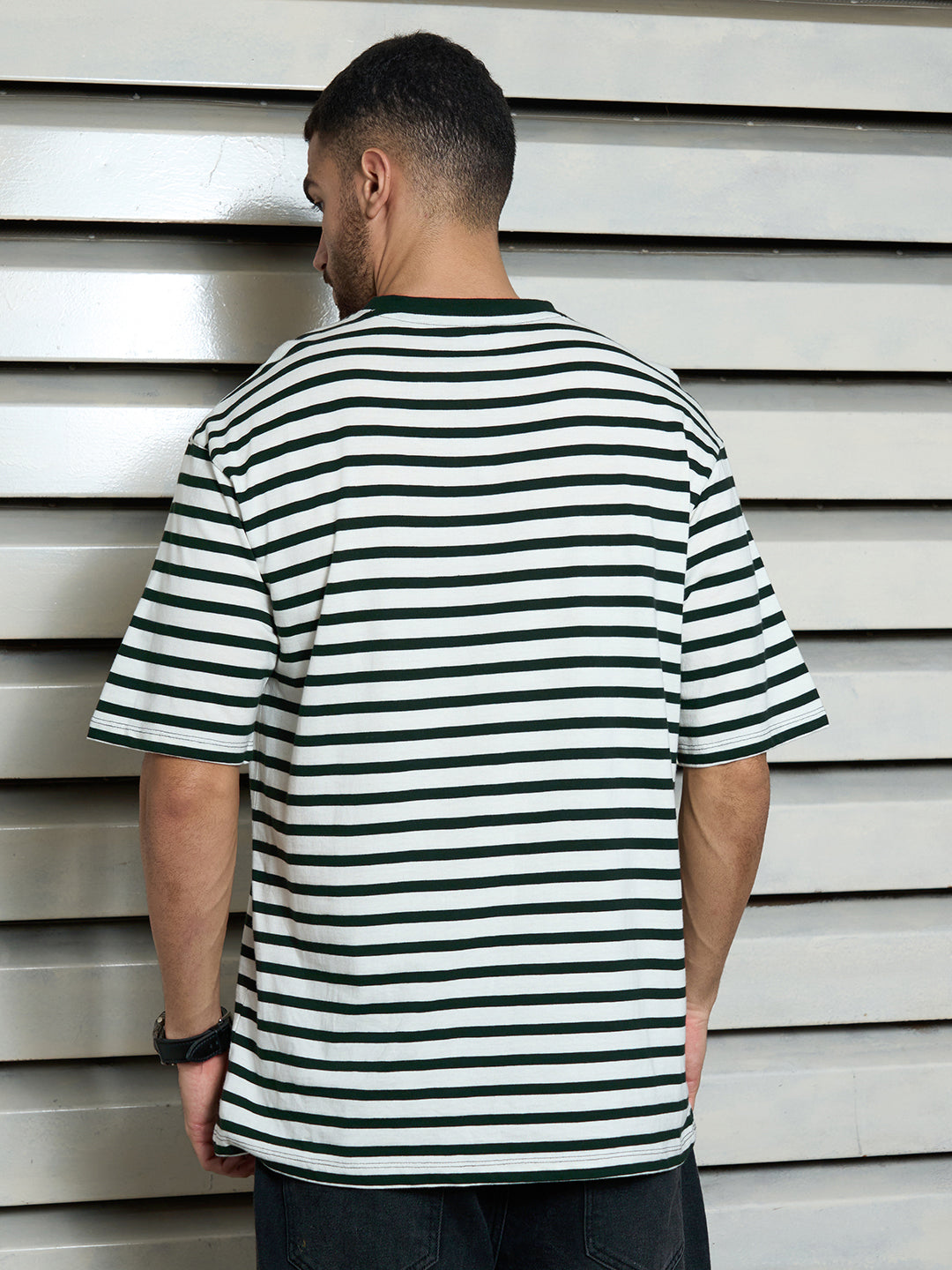 Men Cotton Short Sleeves Round Neck Striped Relaxed Fit Tshirt