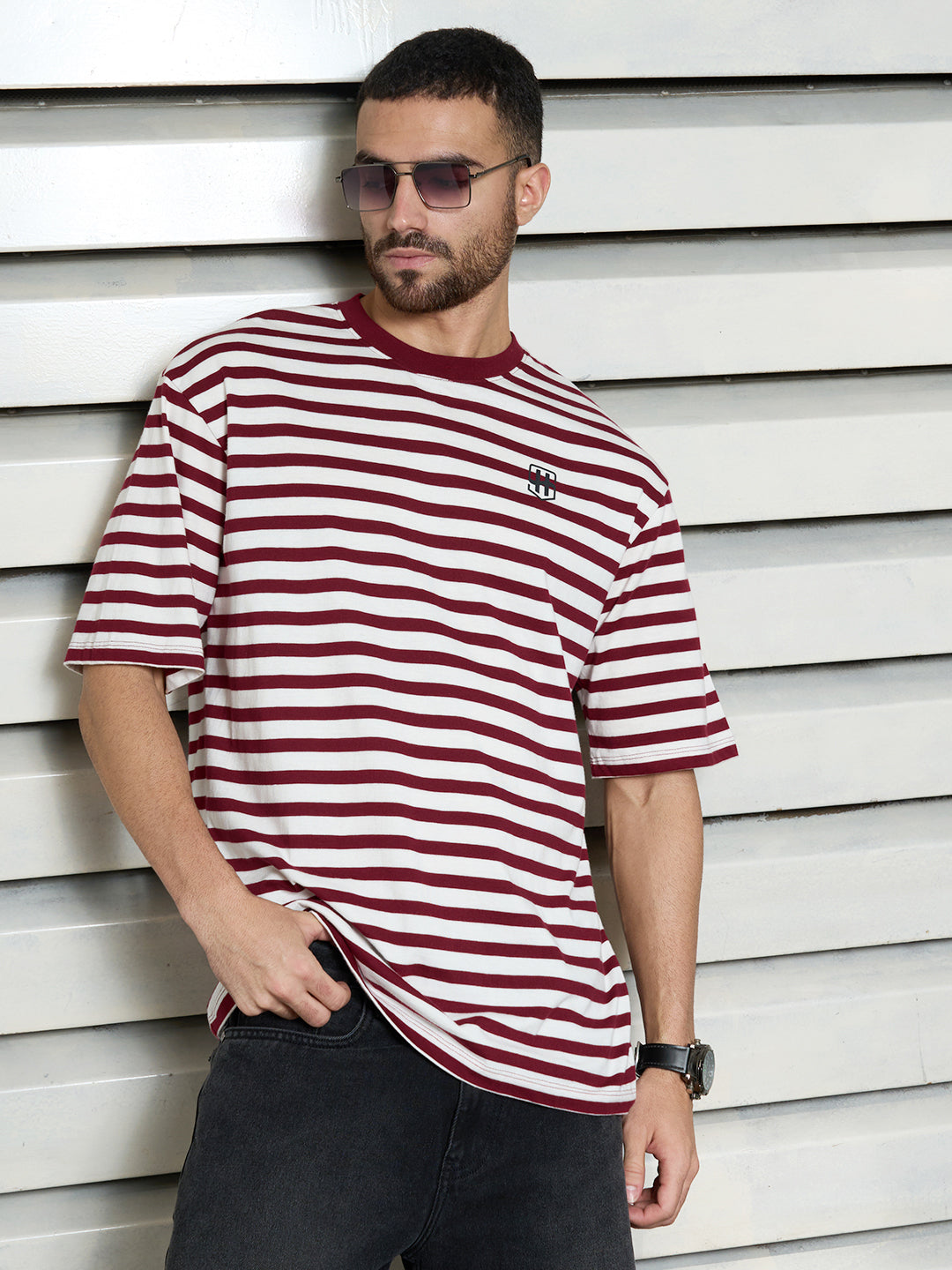 Men Cotton Short Sleeves Round Neck Striped Relaxed Fit Tshirt