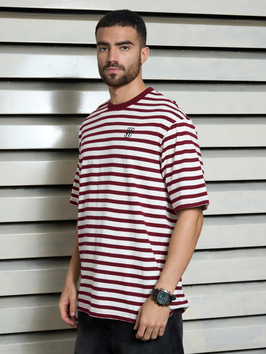 Men Cotton Short Sleeves Round Neck Striped Relaxed Fit Tshirt