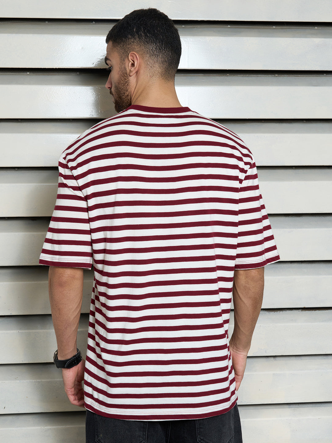 Men Cotton Short Sleeves Round Neck Striped Relaxed Fit Tshirt