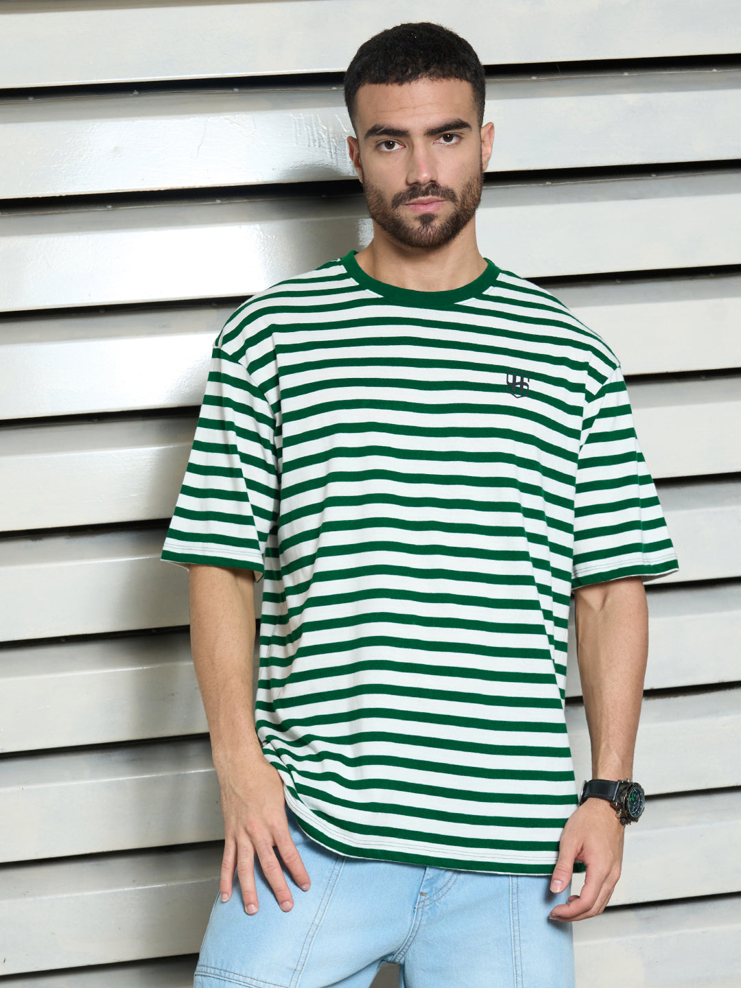 Men Cotton Short Sleeves Round Neck Striped Relaxed Fit Tshirt