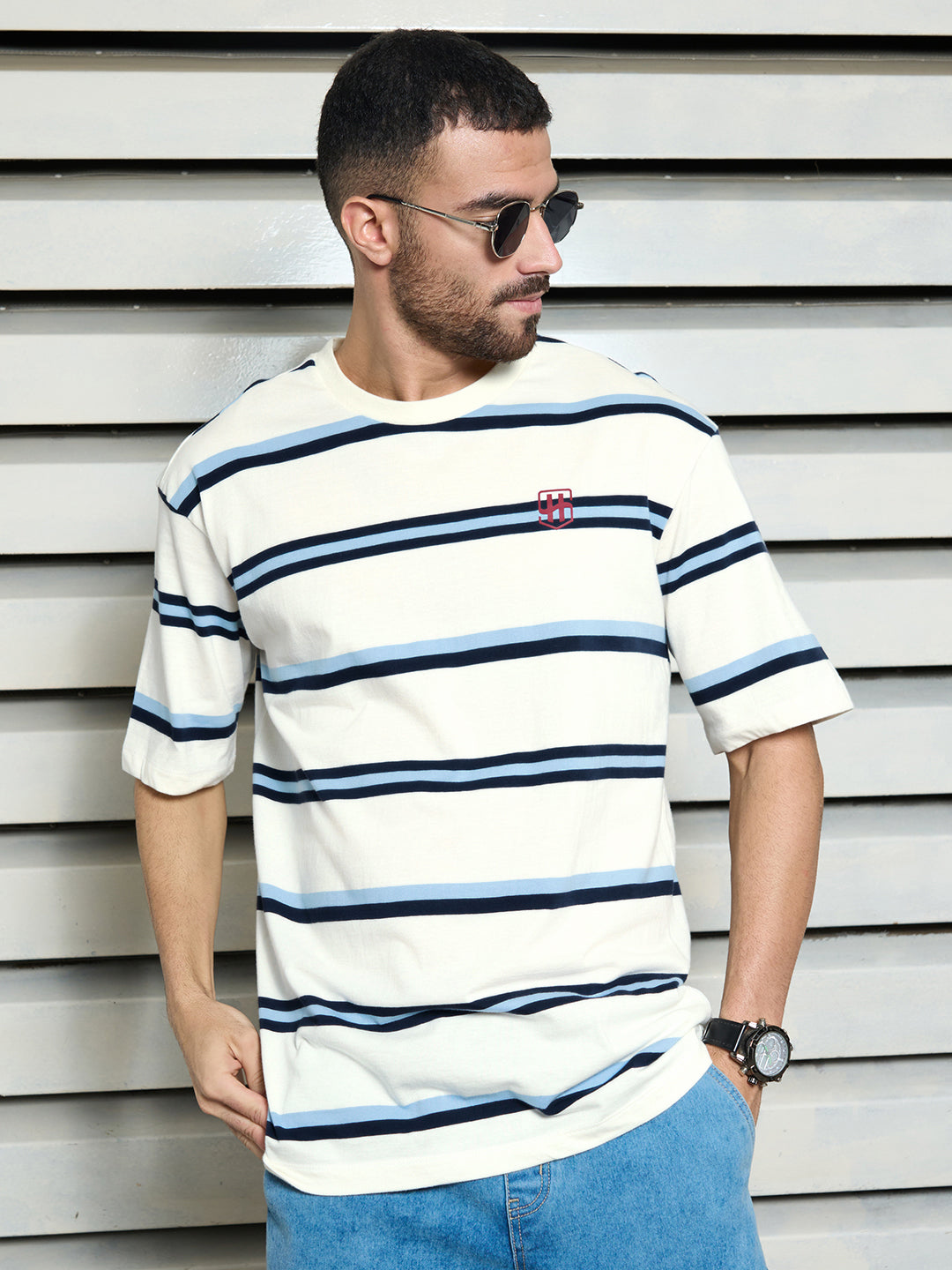 Men Cotton Short Sleeves Round Neck Striped Relaxed Fit Tshirt