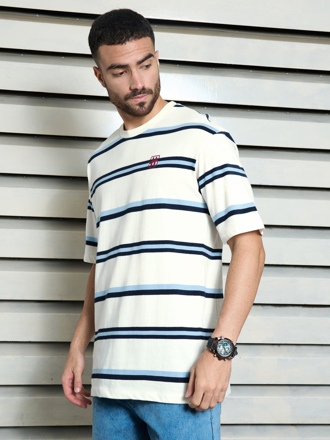 Men Cotton Short Sleeves Round Neck Striped Relaxed Fit Tshirt