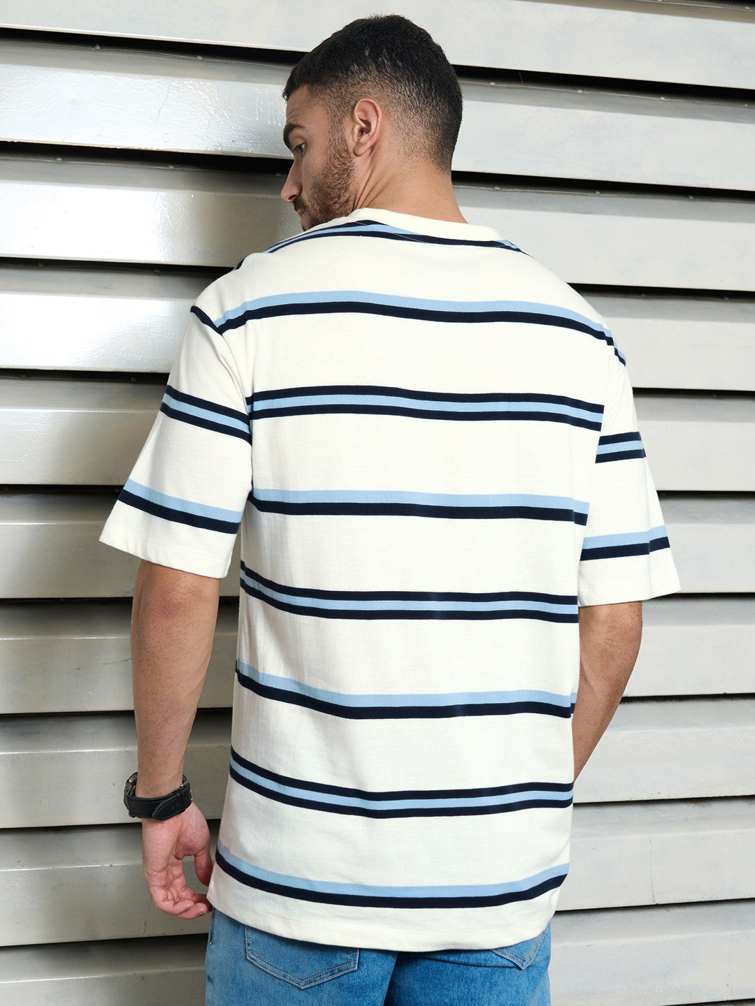 Men Cotton Short Sleeves Round Neck Striped Relaxed Fit Tshirt