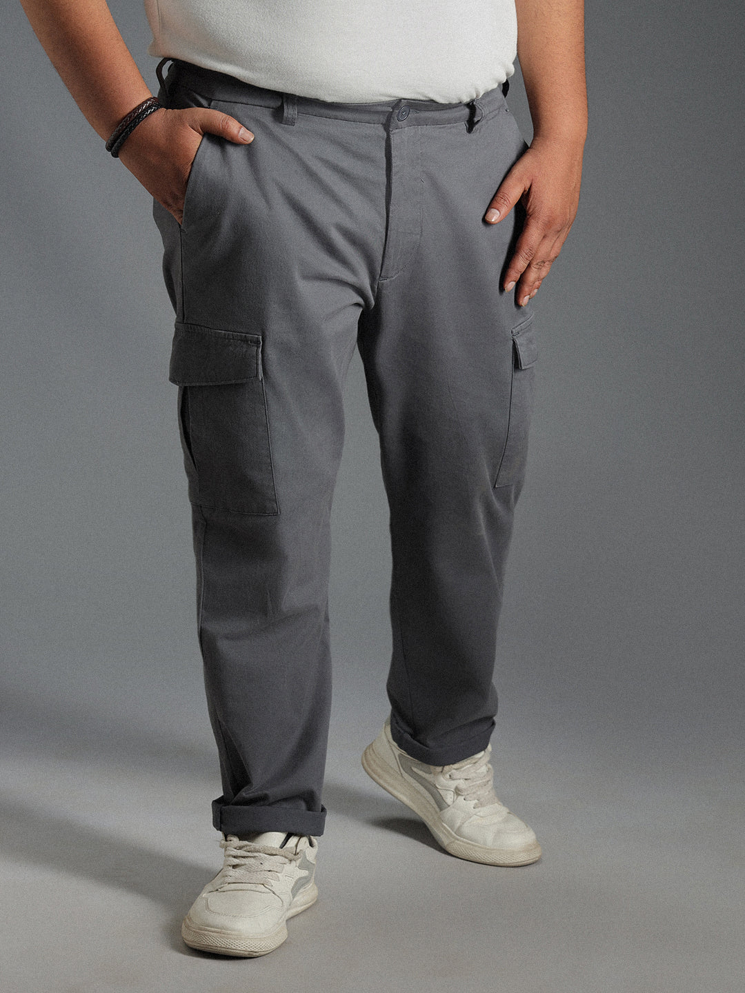 Plus Size Men Relaxed Straight Leg Mid-Rise Plain Slim Fit Cargos Trousers