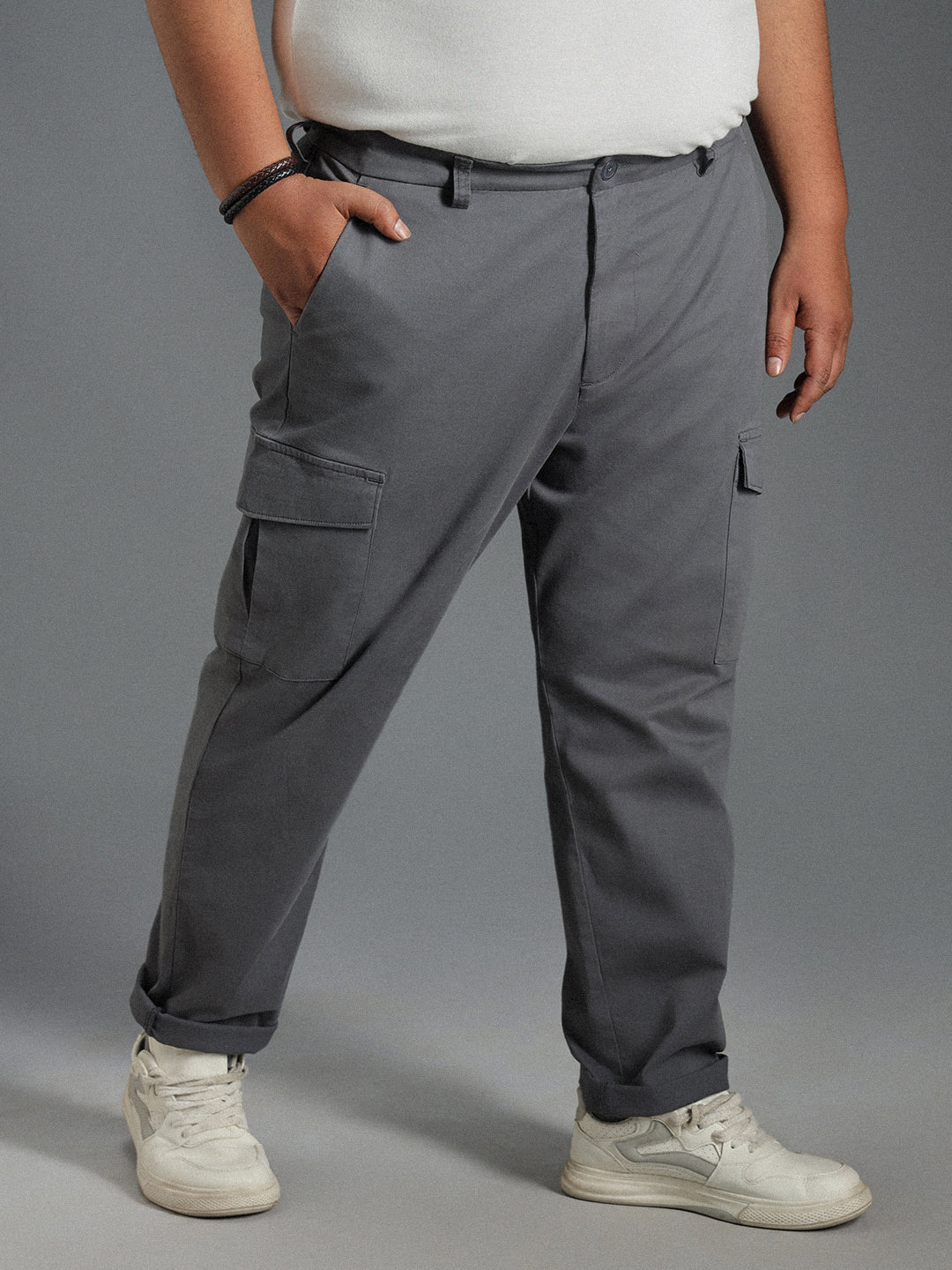 Plus Size Men Relaxed Straight Leg Mid-Rise Plain Slim Fit Cargos Trousers