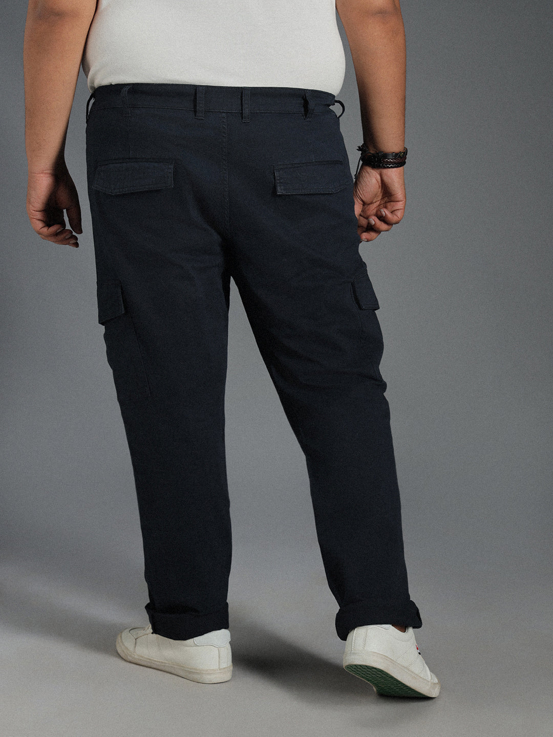 Plus Size Men Relaxed Mid-Rise Plain Cotton Straight Fit Cargos Trousers