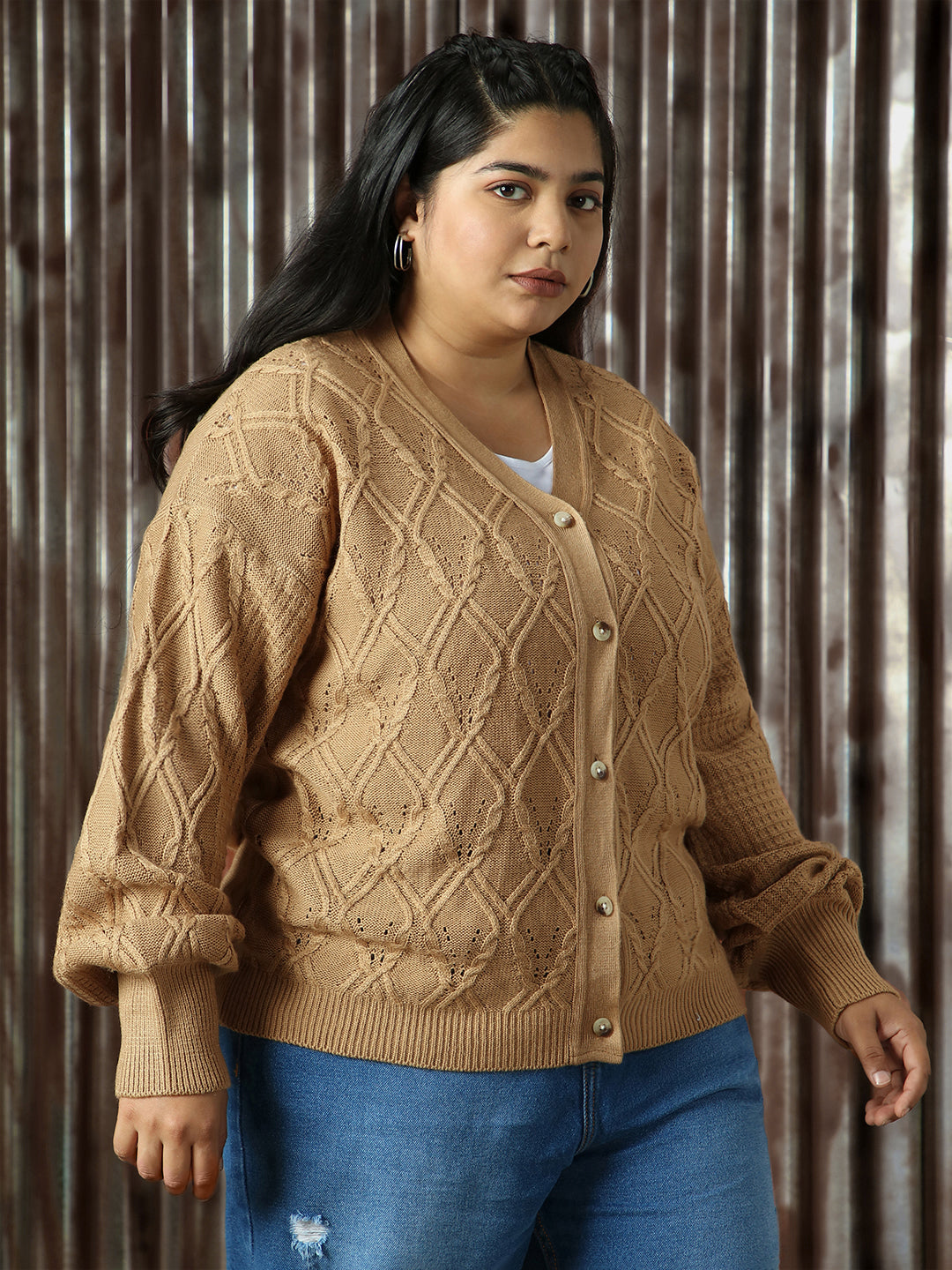 High Star Plus Size Women Cable Knit Self Design Cardigan