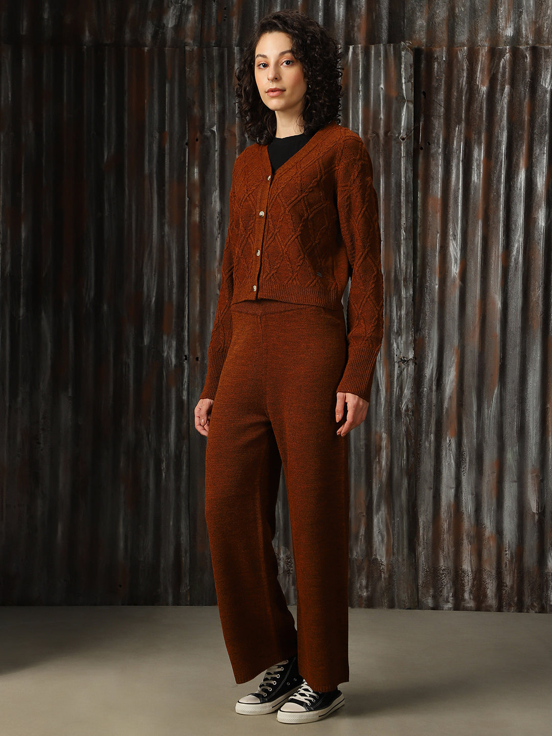 High Star Cable Knit Acrylic Sweater cardigan & Trouser Co-Ords