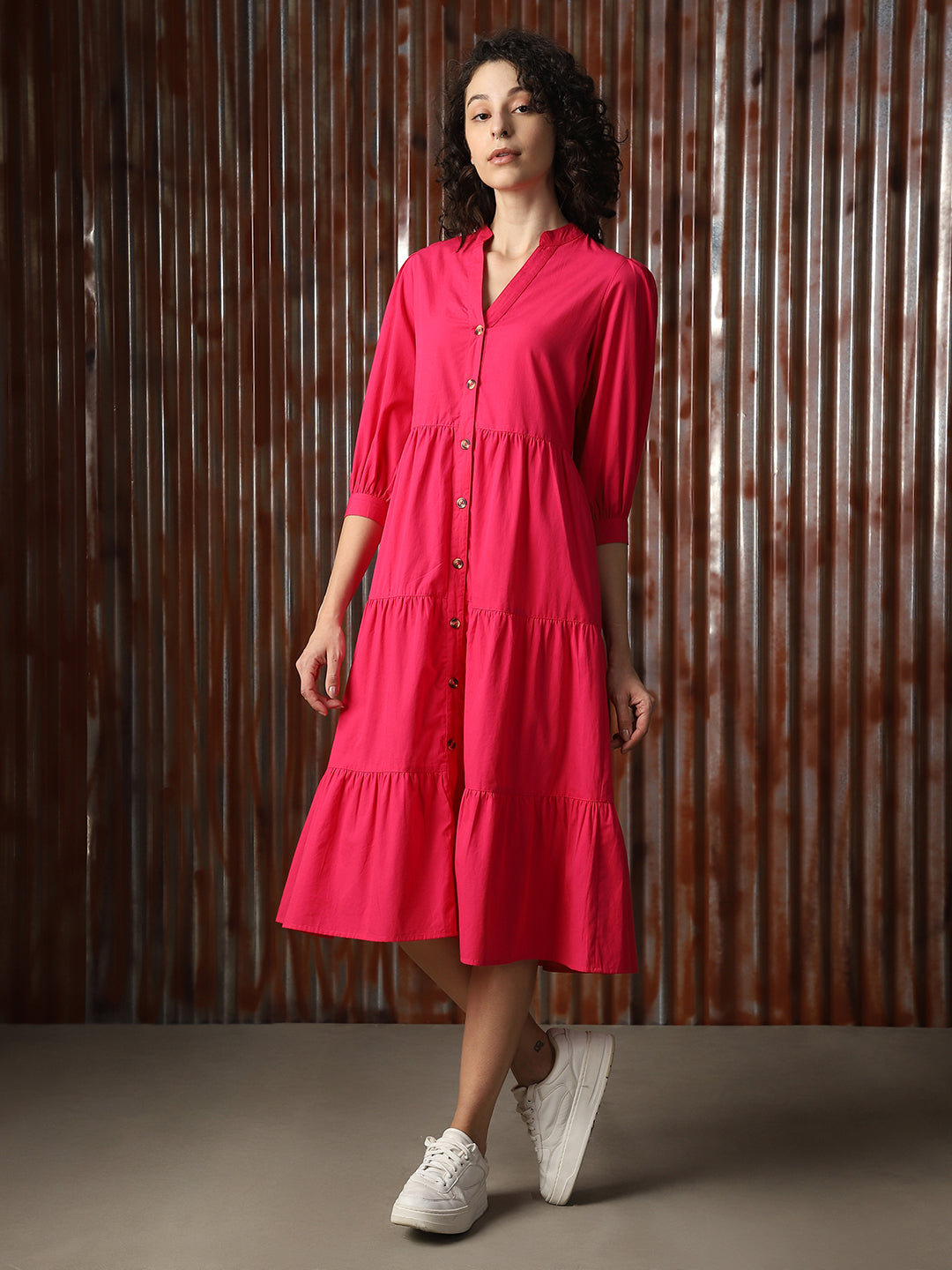 Women Solid Cotton Flared Fit  Collar Short Sleeve Dresses