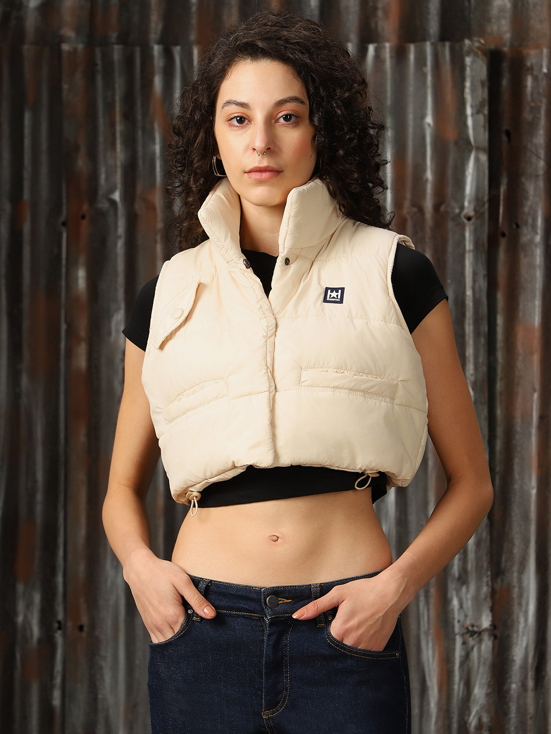 High Star Women Lightweight Crop Bomber sleeveless with Badge Jacket