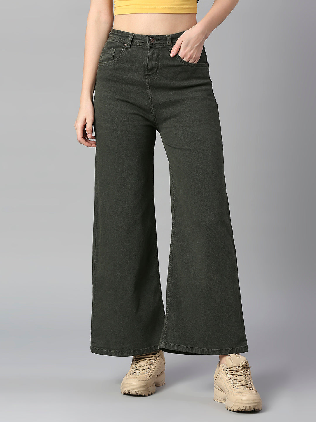 Women Green Wide Leg High-Rise Stretchable Jeans