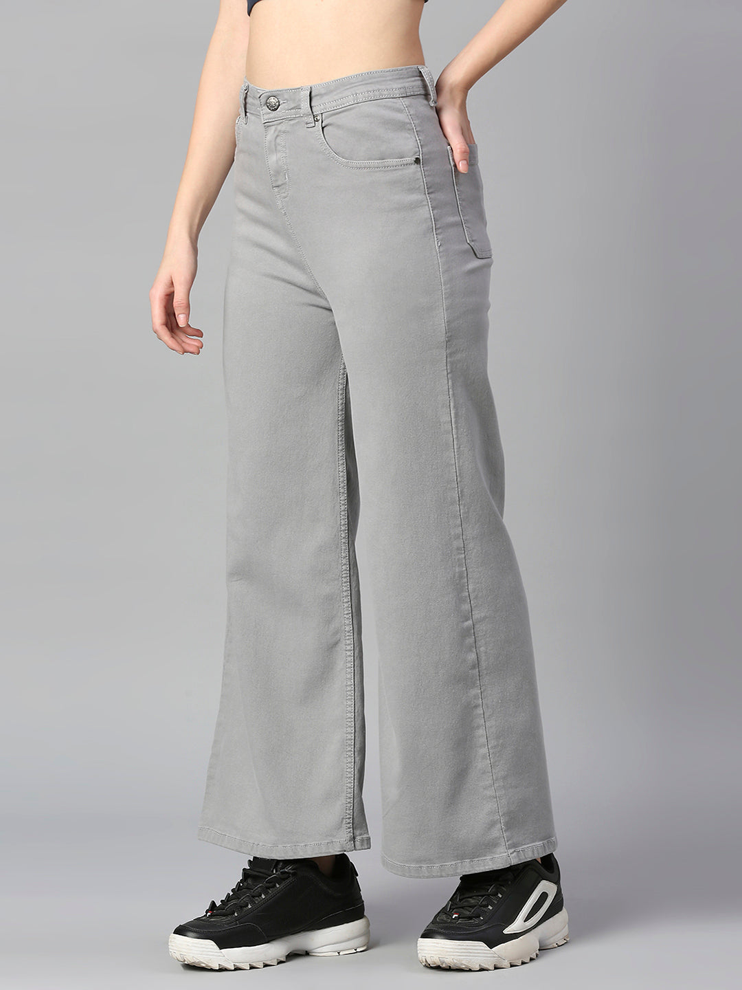 Women Grey Wide Leg High-Rise Stretchable Cotton Jeans