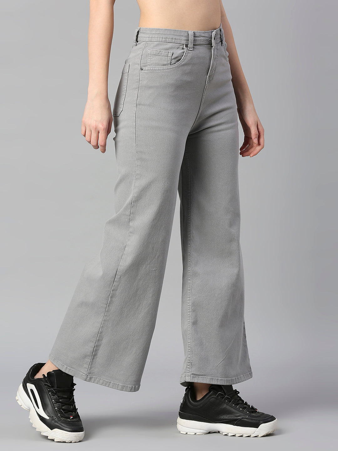 Women Grey Wide Leg High-Rise Stretchable Cotton Jeans