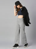 Women Grey Wide Leg High-Rise Stretchable Cotton Jeans