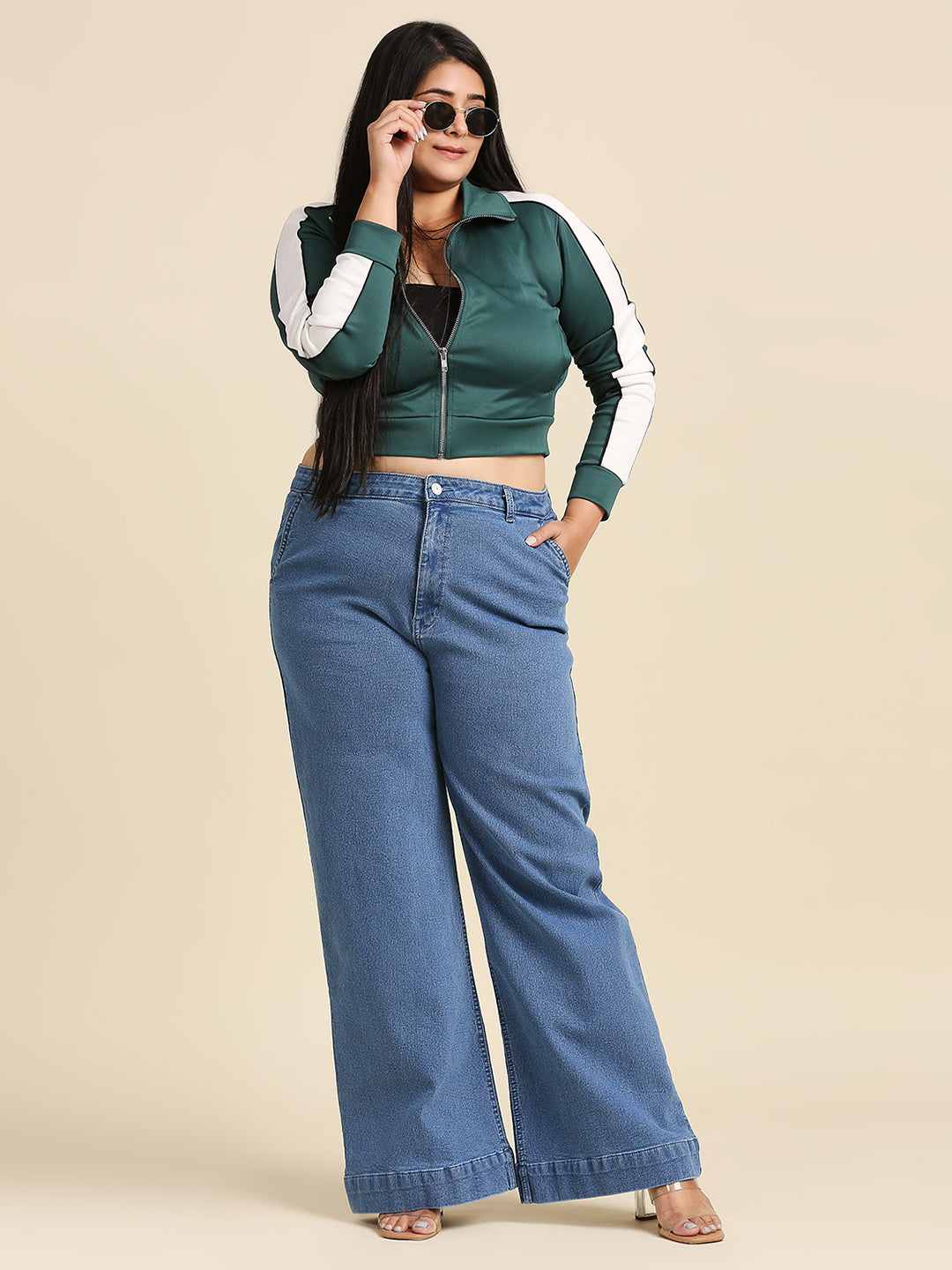 Women Plus Size Blue Wide Leg High-Rise Stretchable Jeans