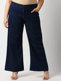 Women Plus Size Navy Blue Wide Leg High-Rise Stretchable Jeans