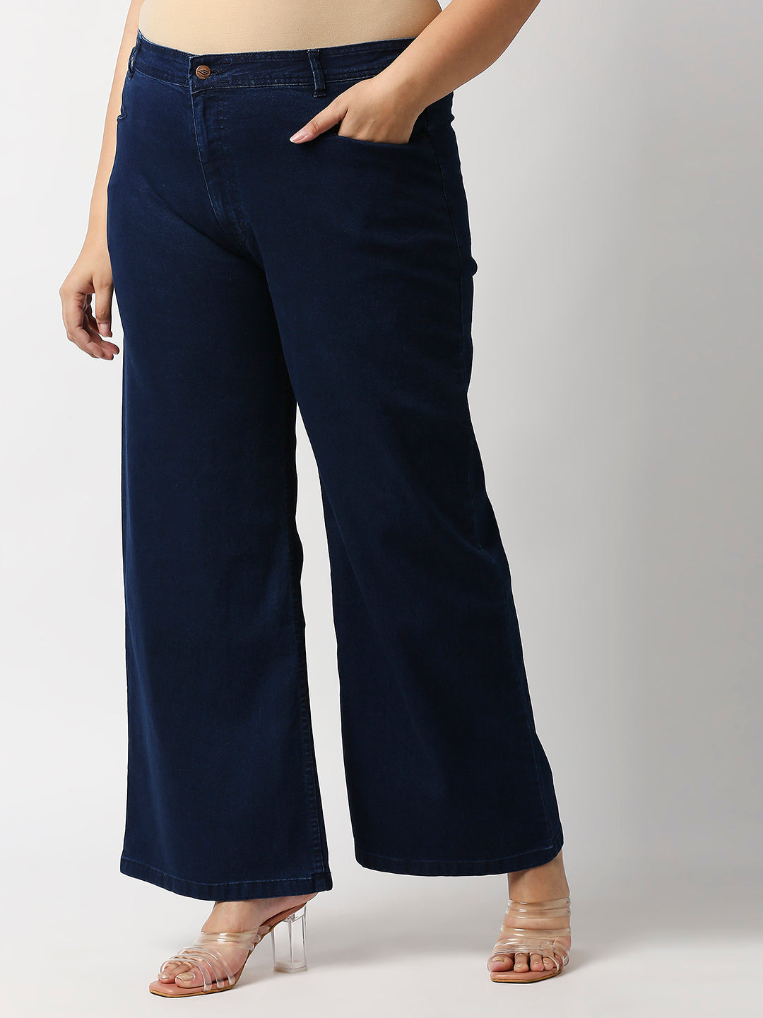 Women Plus Size Navy Blue Wide Leg High-Rise Stretchable Jeans