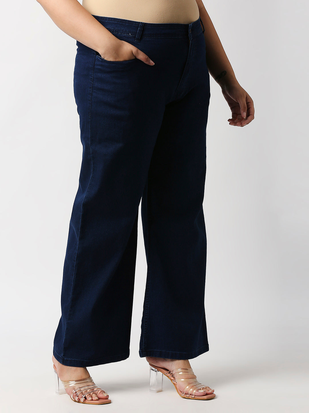 Women Plus Size Navy Blue Wide Leg High-Rise Stretchable Jeans